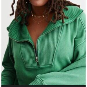 Aerie Green Oversized Quarter Zip Scuba Funnel Neck Cozy Athleisure L
